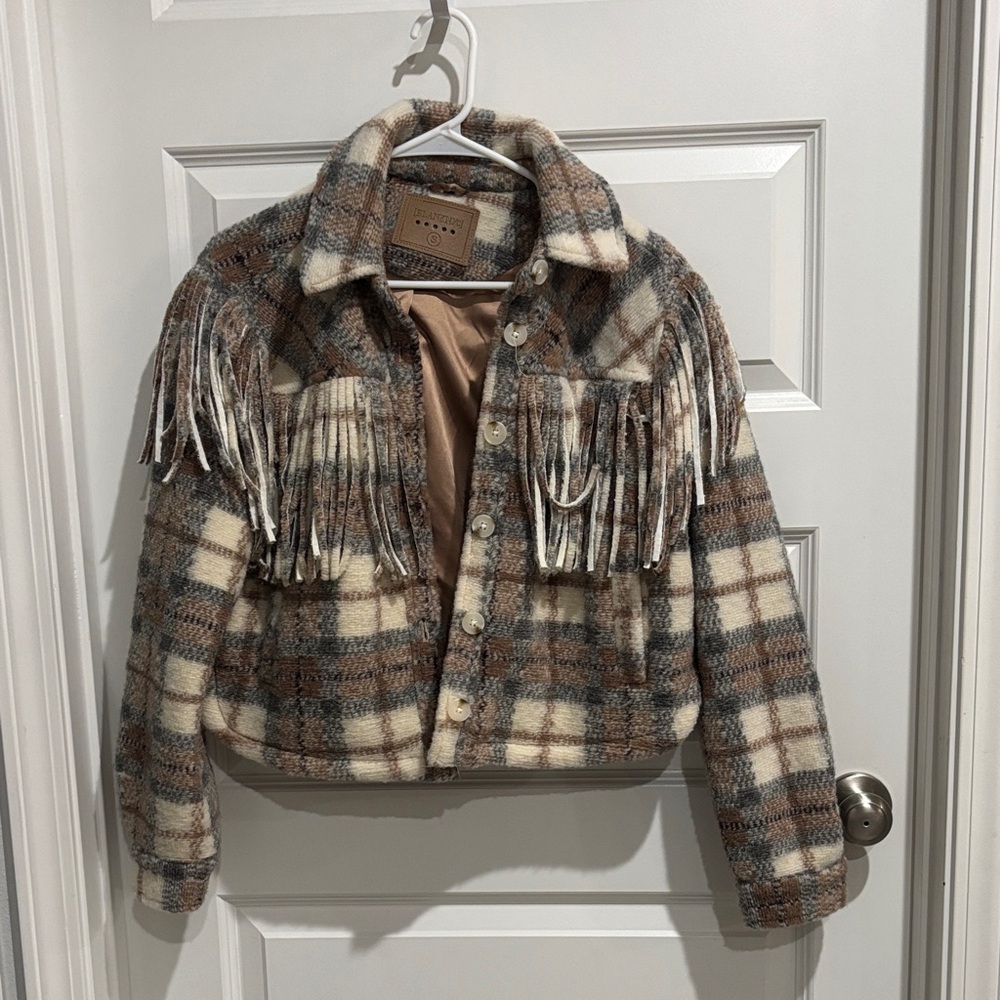 Blank NYC Take Note Plaid Fringe Coat Small